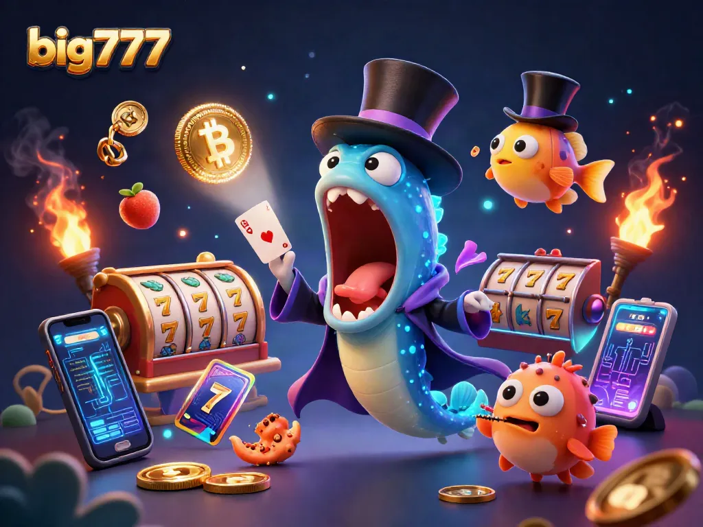 Experience big777 jackpots in this vibrant casino scene with whimsical sea creatures and slot game elements.