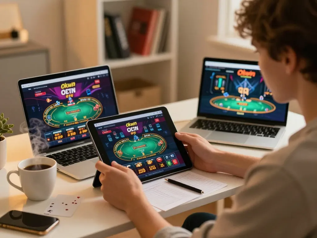Engaged user analyzing strategies on okwin app during home gaming session, featuring tablet and coffee ambiance.
