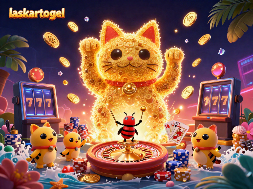 Engage with laskartogel's vibrant gaming experience featuring golden fireflies and casino symbols.