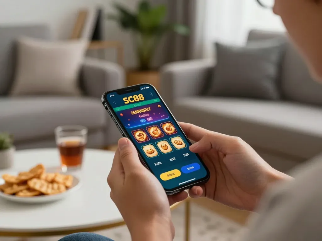 Player enjoying the SC88 casino app in a cozy home setting, focusing on responsible gaming actions