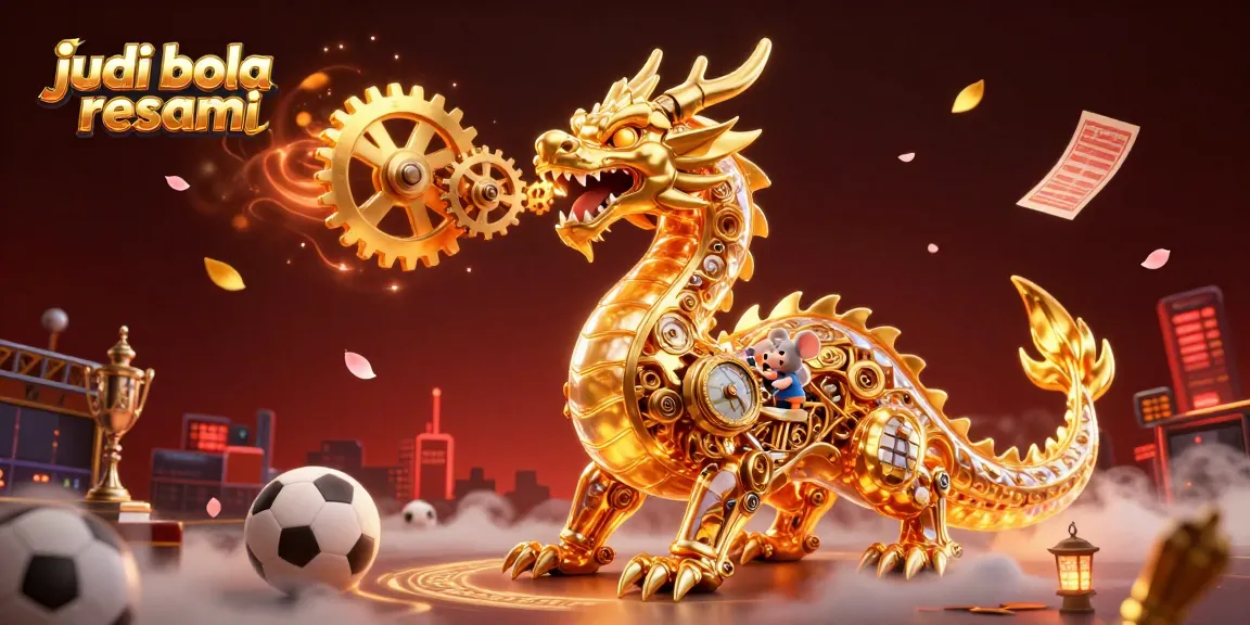 Experience judi bola resmi betting with a dynamic display of sports elements and golden dragon.