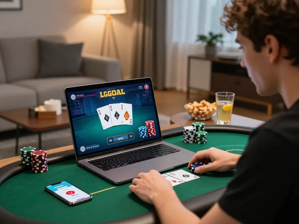 Engaging online poker gameplay at home with LGOGOAL app visible on smartphone.