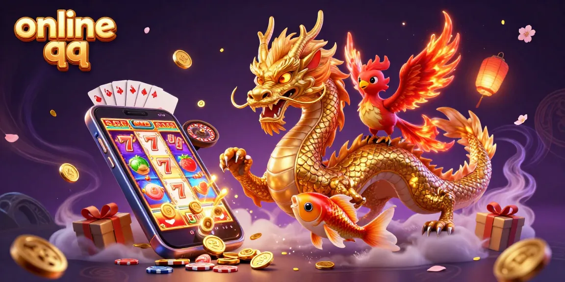 Engage in online qq gaming with thrilling visuals of a golden dragon and phoenix amidst exciting casino elements.