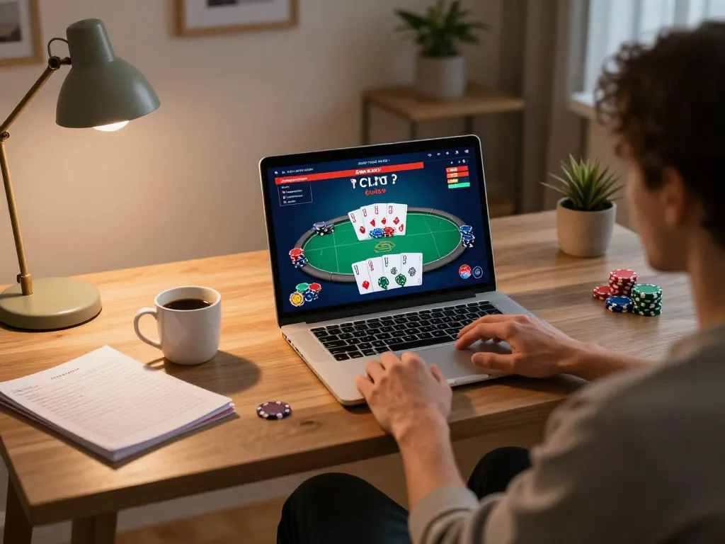 Player engaged in an online poker game using their laptop, mpoid strategy notes visible on the table.