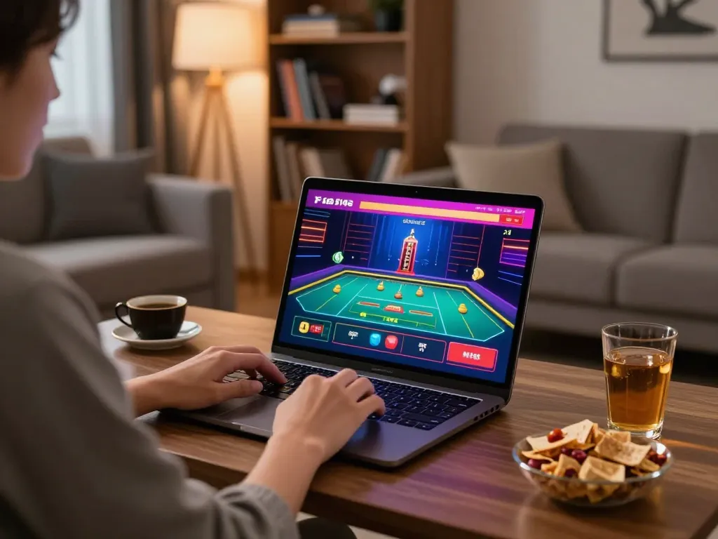 F168 online gaming session with a live dealer, cozy home atmosphere featuring strategic gameplay.