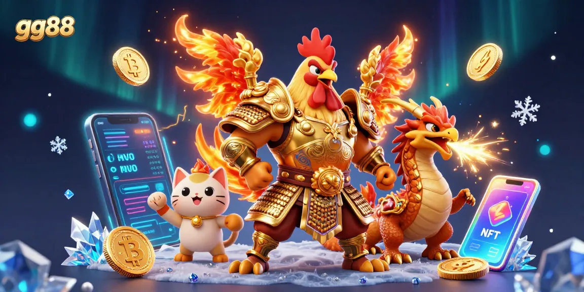 gg88 offers thrilling gaming experiences featuring a rooster warrior and a dragon hatchling in a vibrant casino scene.