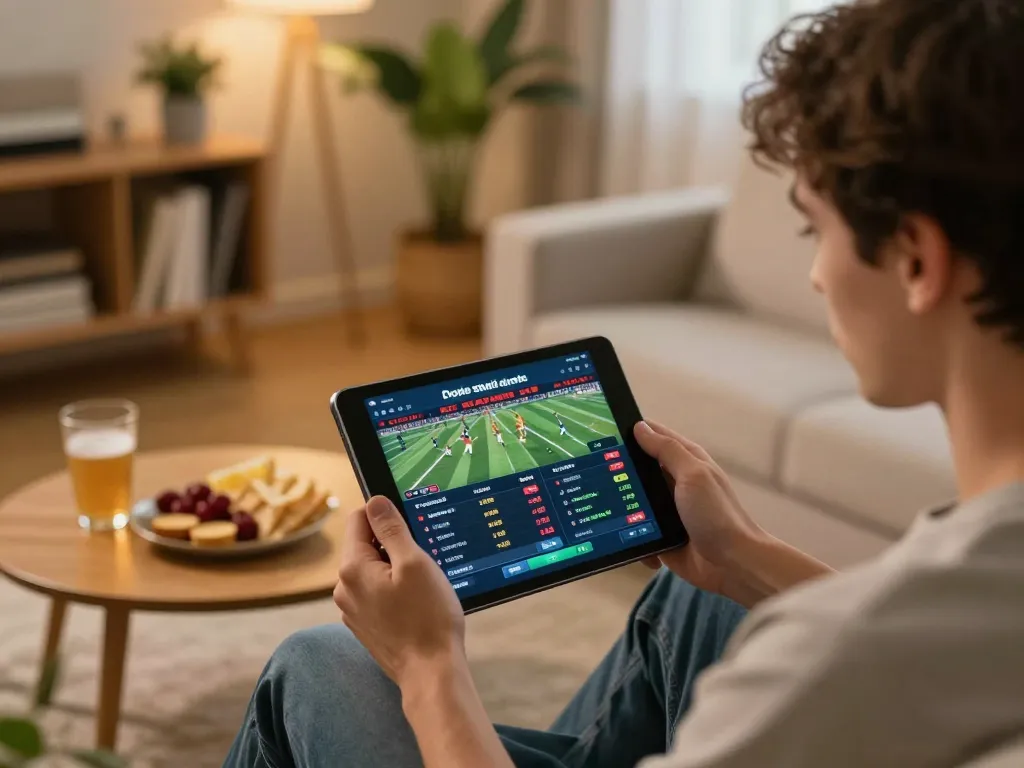 Decoubertin inspired moment of online sports betting excitement with live odds displayed on tablet