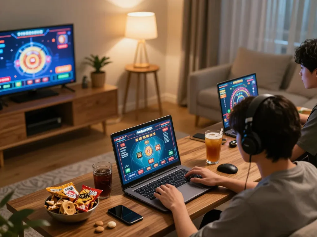 Engaging with Fun88 through online gaming on a laptop at home, showcasing a cozy atmosphere and strategy.