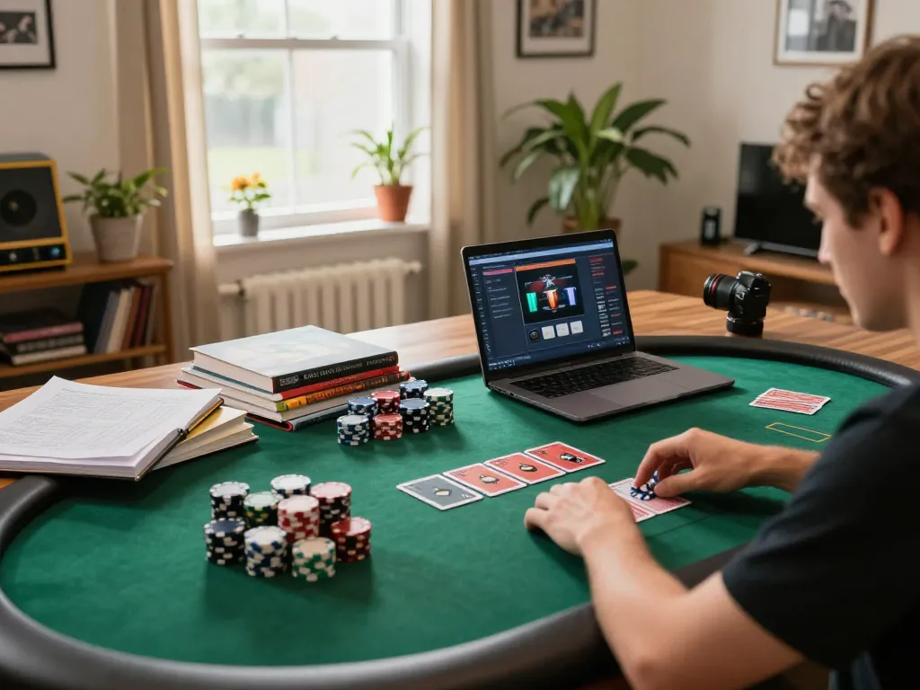 MPO08 player enjoying engaging online poker in cozy home environment.