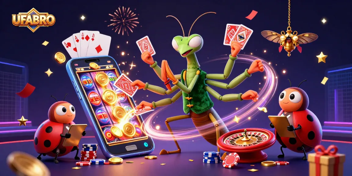 UFABRO showcases a vibrant casino scene with a giant mantis card sharp and ladybug pit boss in a dynamic, colorful atmosphere.