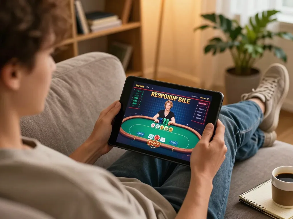 F168 user enjoying a live poker game on a tablet at home, showcasing cozy gaming environment.