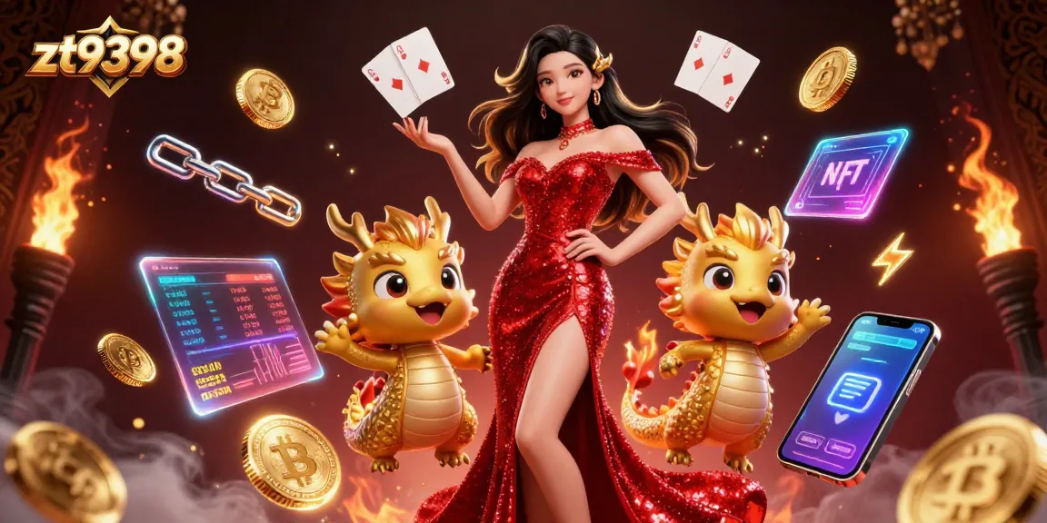 Engage in epic gaming with zt9398, featuring an elegant woman, a golden dragon mascot, and vibrant gaming symbols.