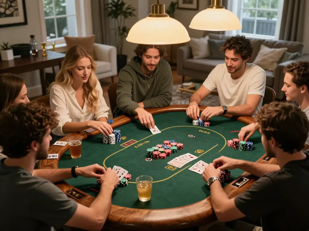 Friends enjoying a lively game of poker at home, showcasing the strategic side of gambling with hi88.