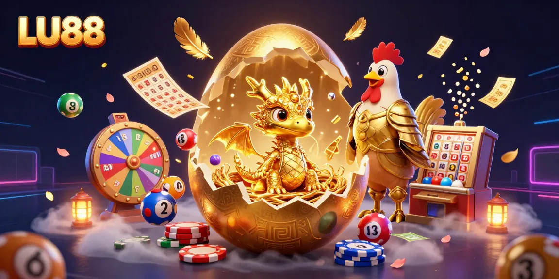 LU88 reveals a golden baby dragon on poker chips amid colorful lottery elements, evoking excitement.