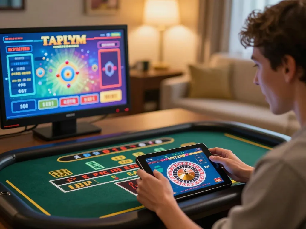 IDNSCORE RESMI player engaging with live roulette on tablet in a warm home setting.