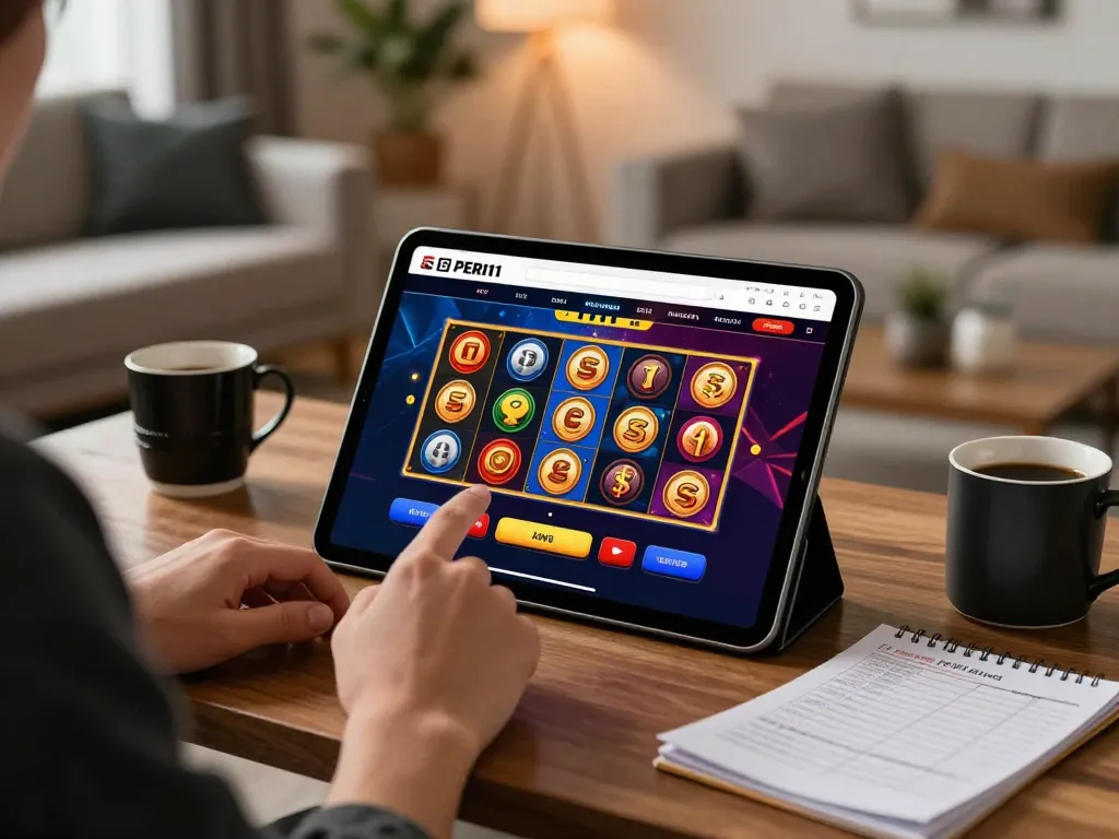 Engaging with the PERI11 gaming app on a tablet in a cozy home setting, featuring exciting gameplay.