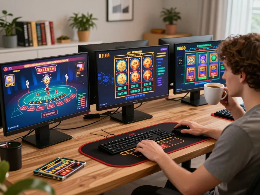 Engaging online gaming session on phtaya with multiple screens displaying casino games and strategy notes.