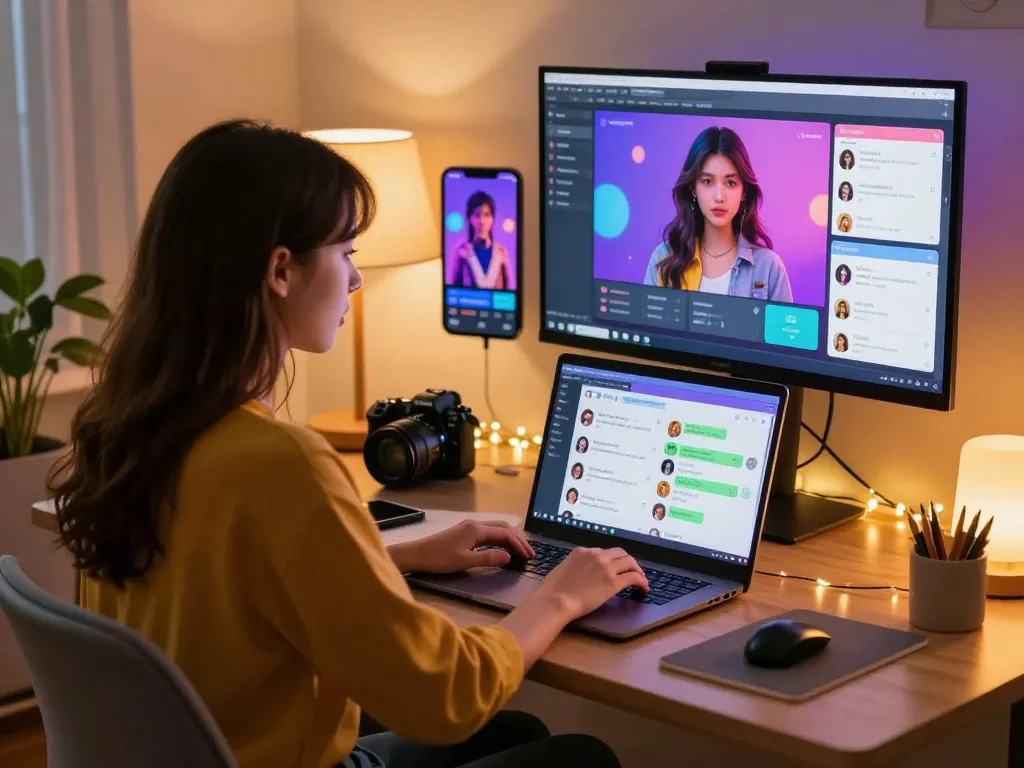 Engaging with nsfw ai character on laptop in cozy home office setting