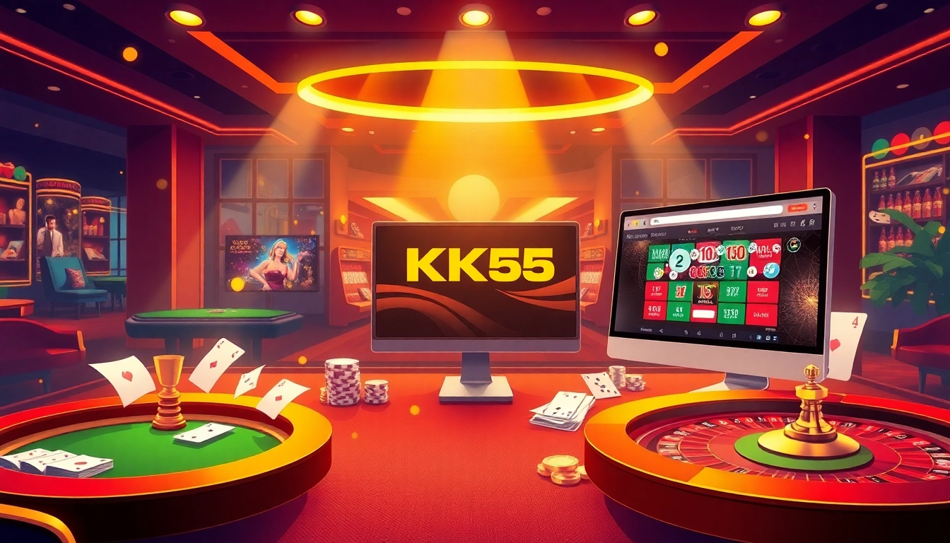 Engaging scene of online gambling at KK55 com featuring casino tables and sleek interfaces.