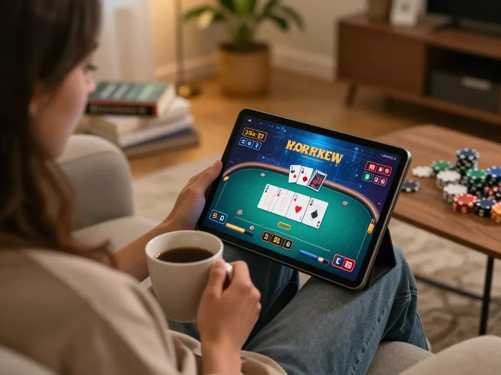 Players enjoying thrilling online poker gameplay with 32win on a tablet in a cozy home