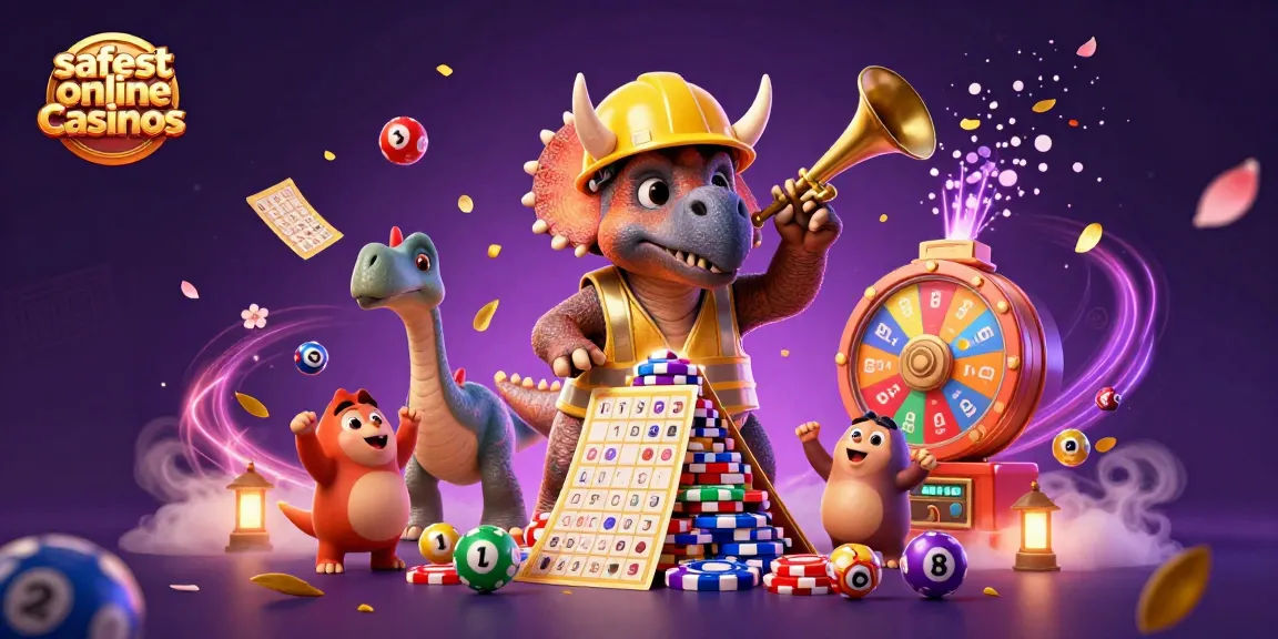This vibrant illustration showcases the safest online casinos with a triceratops stacking poker chips, colorful lottery elements, and joyous celebrations.