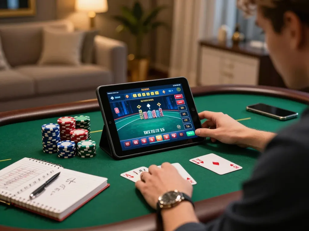 Player engaging in online poker at lc88, showcasing strategy with betting notes and tablet interface.