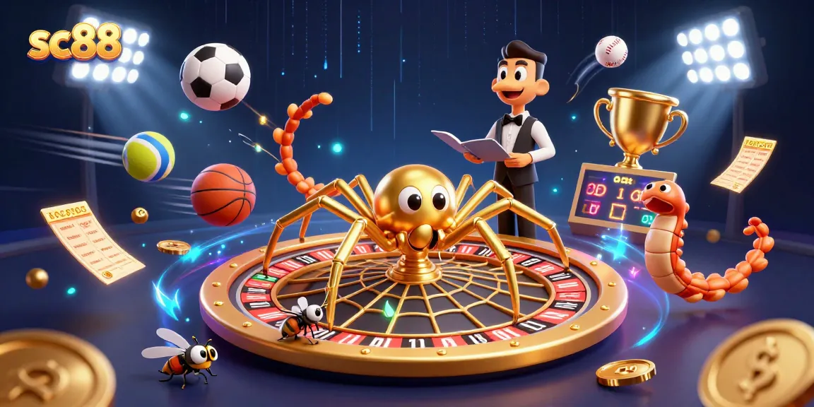 Experience dynamic betting action with SC88 in this vibrant casino scene, featuring animated characters and sports elements.