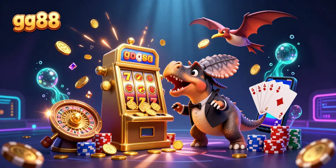 gg88 jackpot scene with animated dinosaurs and flying coins in an exciting casino environment