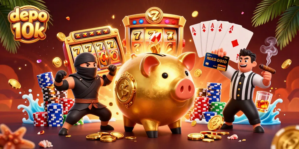 Engage excitingly with depo 10k in vibrant 3D casino scene featuring dynamic characters and slot elements.