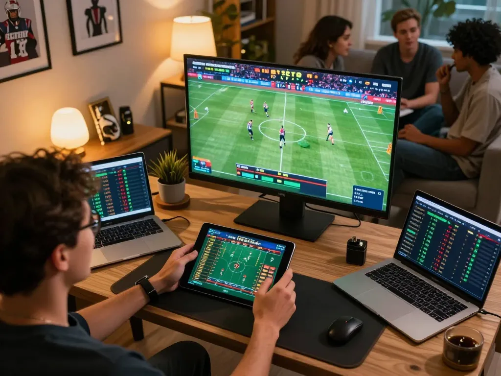 Engaging in kp88 bet, a person places sports bets in a vibrant home setup filled with excitement.