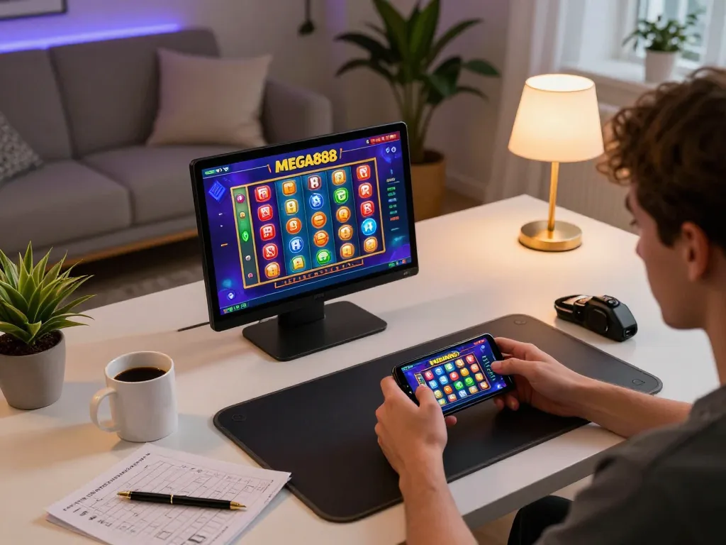 Engaging in MEGA888 mobile gaming on smartphone, showcasing vibrant casino app interface.
