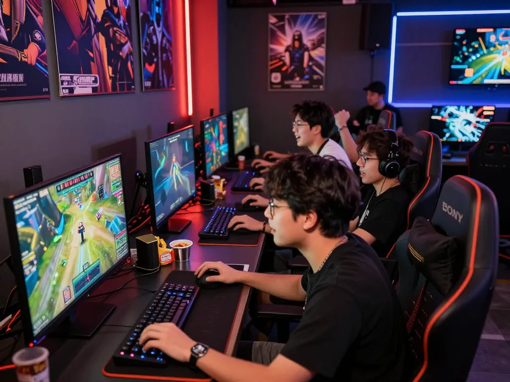 Friends enjoying an exciting gaming session with sunwin9 cocom theme displayed on screens, showcasing a lively atmosphere.