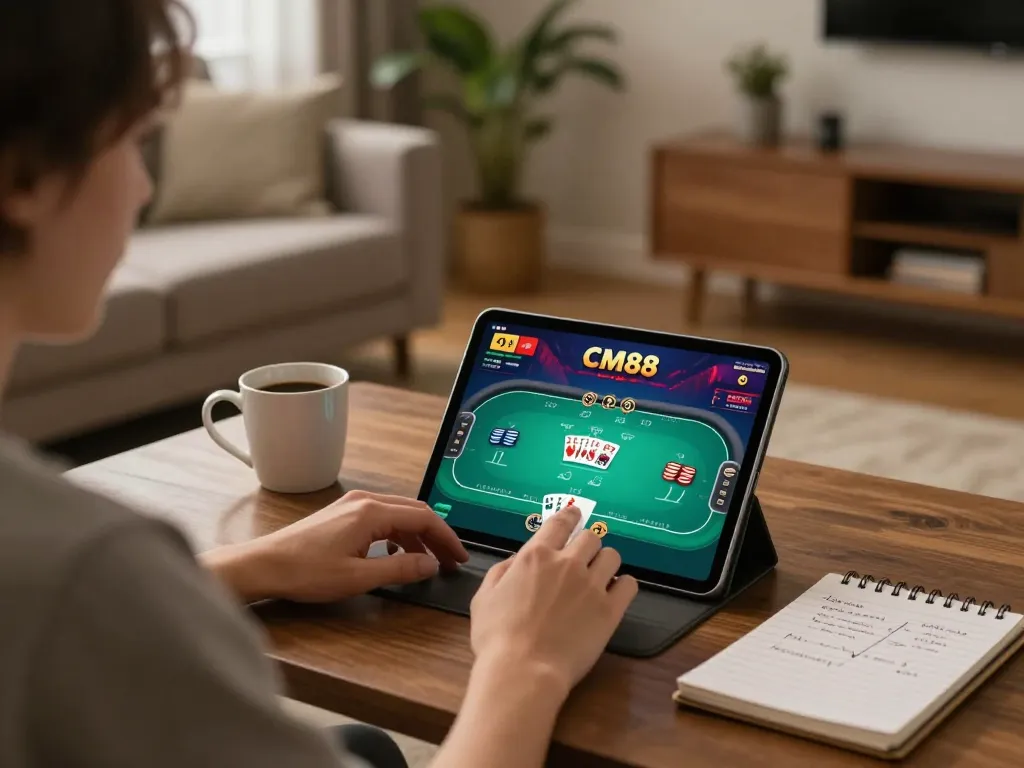 CM88 player engaged in strategic online poker from a cozy home setup with warm lighting