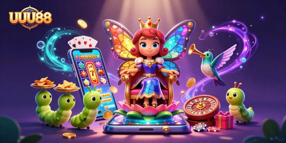 Spin for luck in UUU88 with a colorful 3D casino scene featuring a butterfly queen and gaming elements.
