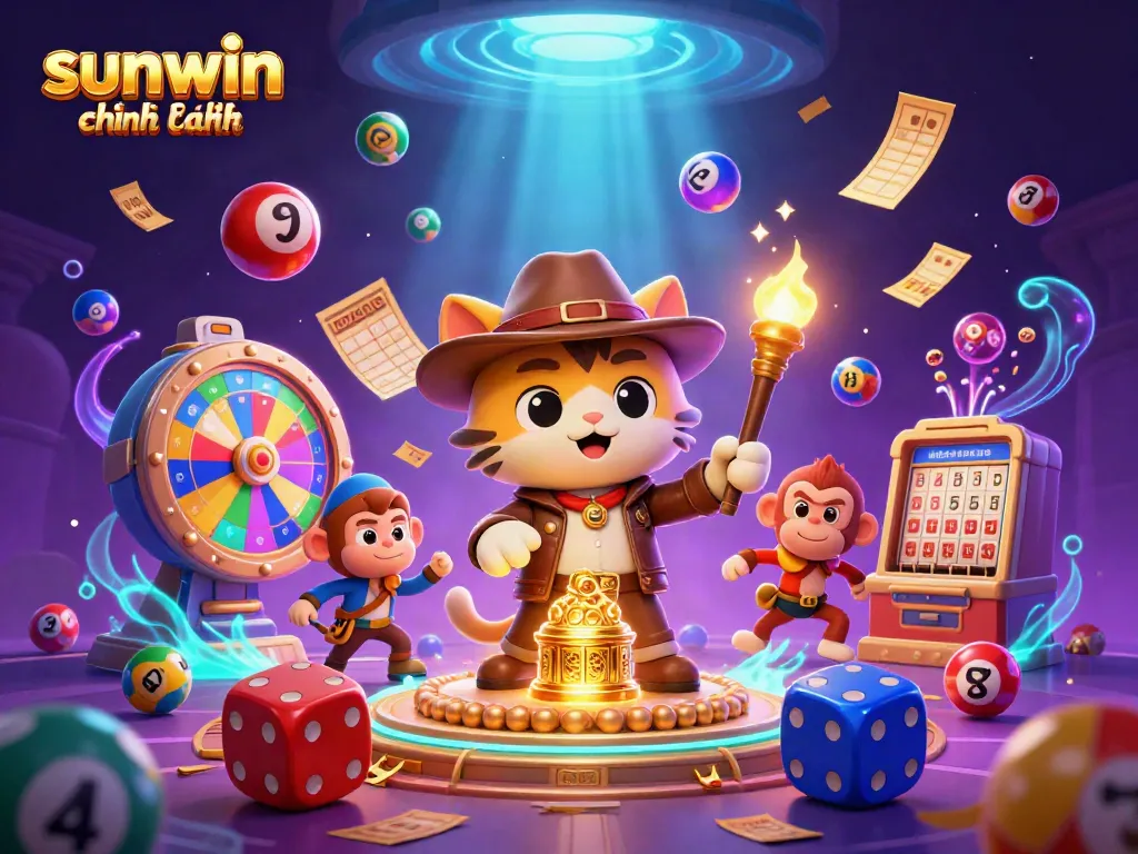 Engage with sunwin chính hãng in an exquisite 3D adventure featuring a cat archaeologist seeking golden casino treasures amidst vibrant gambling elements.