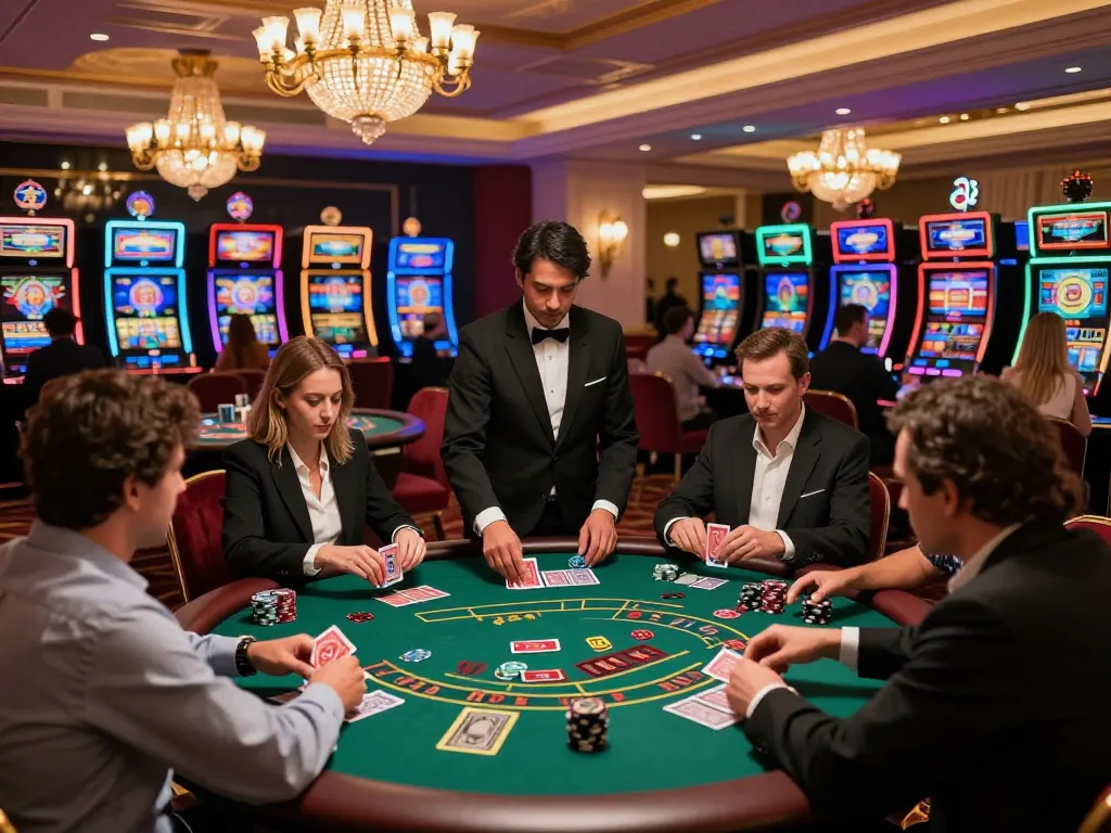 Players engaging in a thrilling blackjack game at the luxurious Sun Win casino, showcasing strategic gameplay.