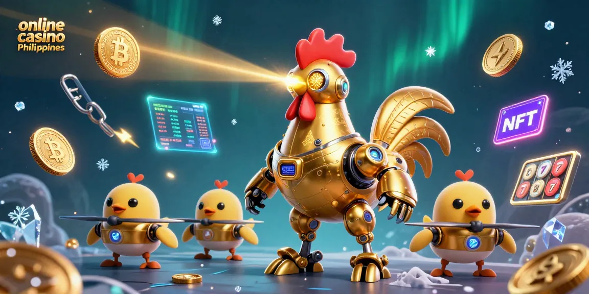 Engage with the vibrant online casino Philippines scene showcasing a retro-futuristic rooster bot and baby chick drones.