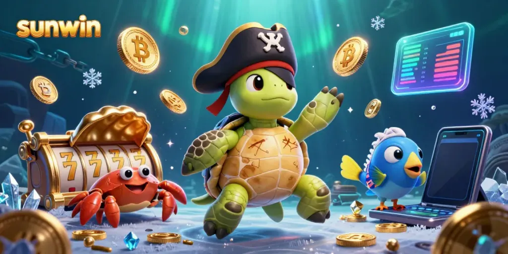 Join the fun on sunwin as the pirate turtle uncovers treasure amid captivating casino elements.