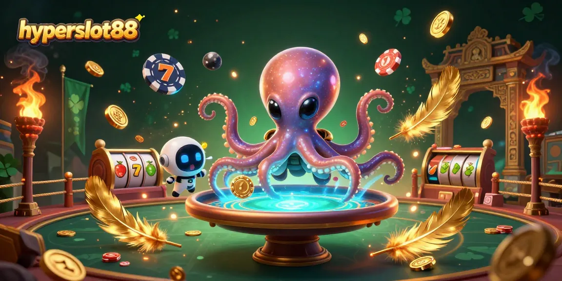 Engage with hyperslot88, the thrilling alien octopus gaming at a holographic poker table surrounded by vibrant casino elements.