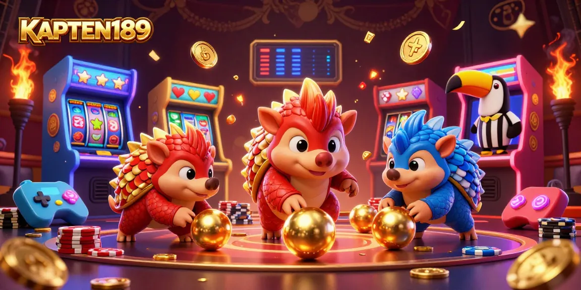 KAPTEN189 menghadirkan permainan slot menggembirakan dengan pangolin bersaing, dikelilingi permainan arcade berwarna-warni.