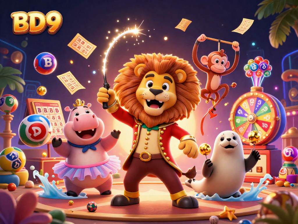 Engage with BD9's thrilling games featuring a vibrant 3D circus scene with characters and lottery elements.