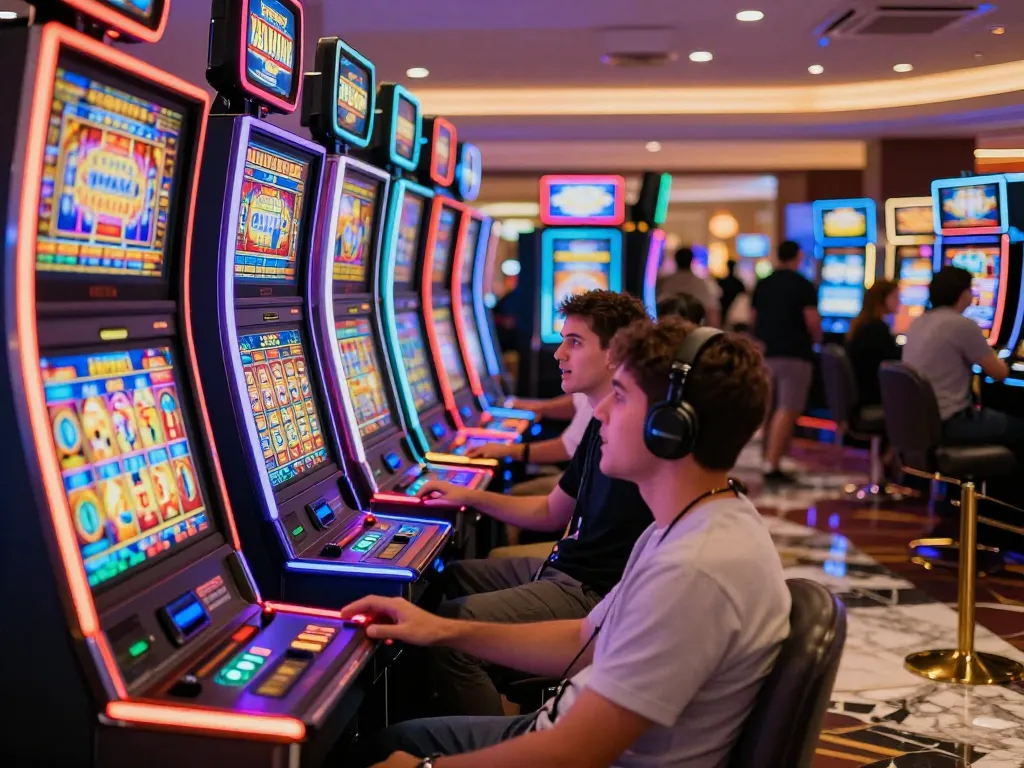 Players interacting with vibrant slot machines, showcasing excitement and engagement on the casino floor.