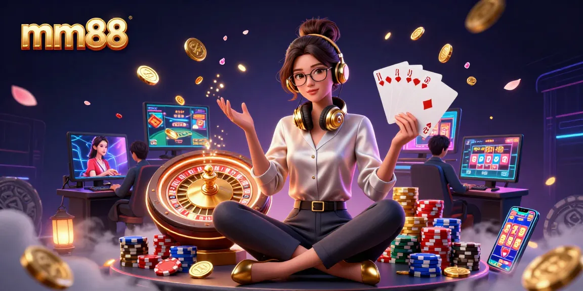 Experience luxury gaming with MM88 as coins and gems cascade around a professional gamer.