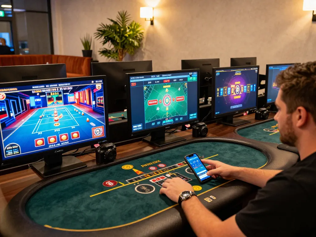 Engaging kuwin player enjoying online gaming setup with multiple screens and strategic insights
