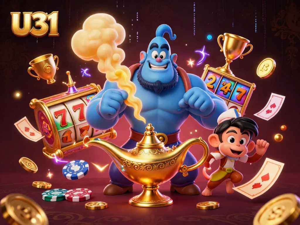 Experience U31's thrilling gameplay with iconic symbols and characters in a vibrant casino scene.