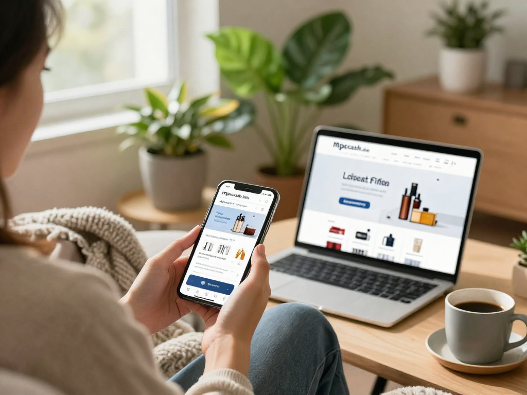 Engaging user browsing mpocash.blog for deals, cozy home atmosphere.