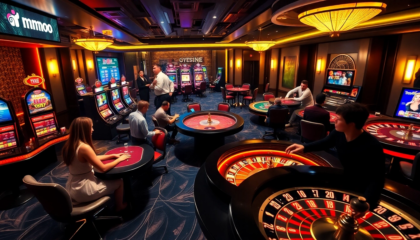 Experience the vibrant excitement at MMOO casino with players enjoying poker and slot machines.