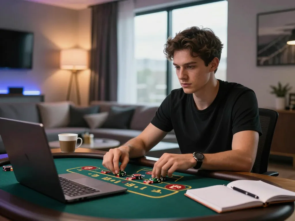 Player engaged in online gambling at home, focusing on 7-hd game strategies and odds
