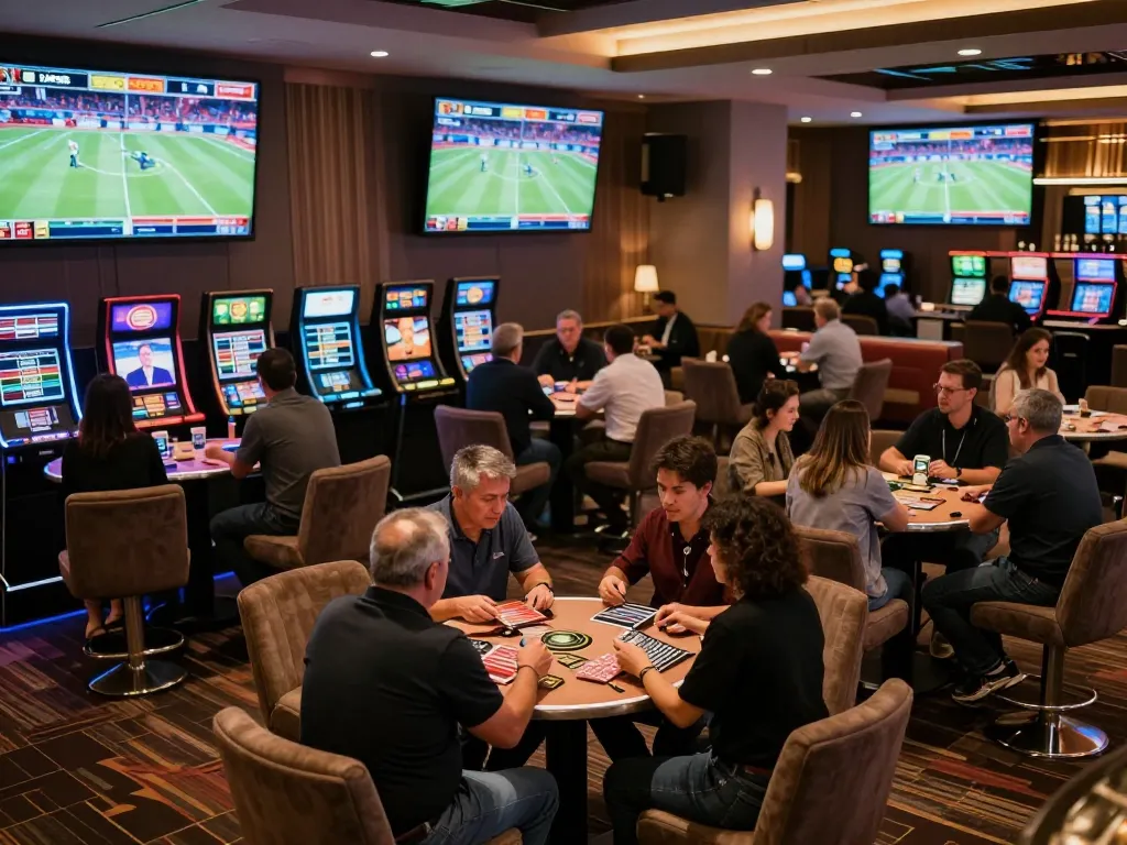 Betting excitement at an AU88 sports lounge with patrons engaged in wagering and enjoying live sports.