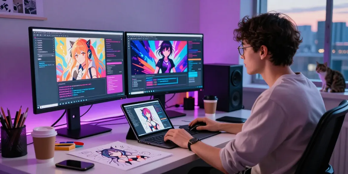 Engaging hentai ai chat interface in a vibrant digital art studio setup.